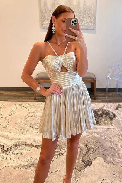 Metallic Spaghetti Strap Pleated A-Line Homecoming Dress