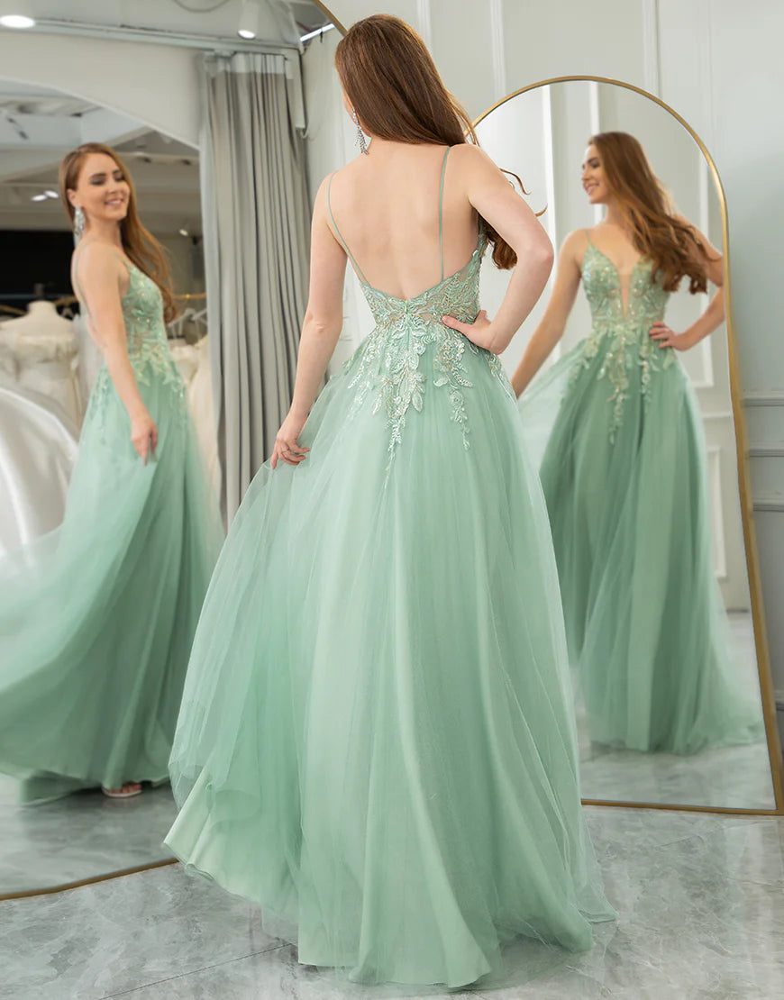 A Line Tulle Long Prom Dress With Appliques