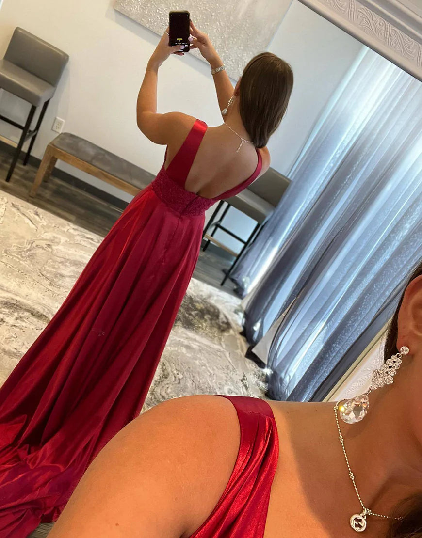 Deep V-neck Satin Prom Dress with Split