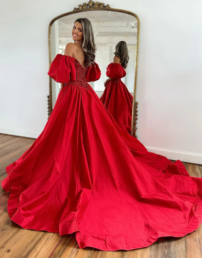 A-Line Strapless Off The Shoulder Long Prom Dress With Puffy
