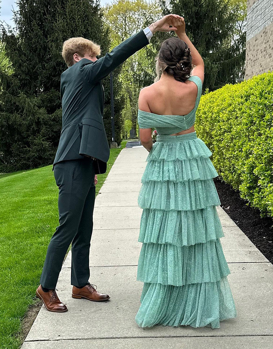 A Line Off The Shoulder Two Pieces Long Prom Dress