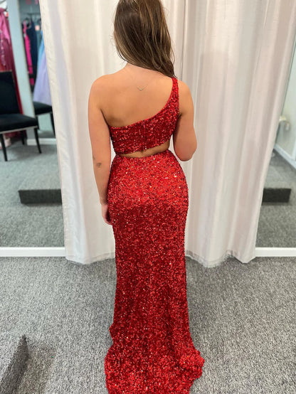 One Shoulder Sequin Cut Out Prom Dress