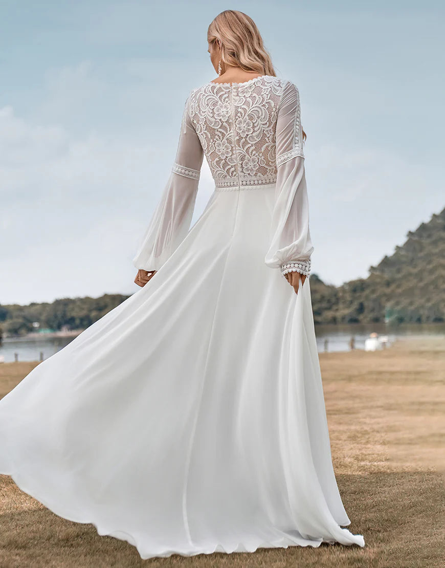Long Sleeves Ivory A Line Wedding Dress with Lace