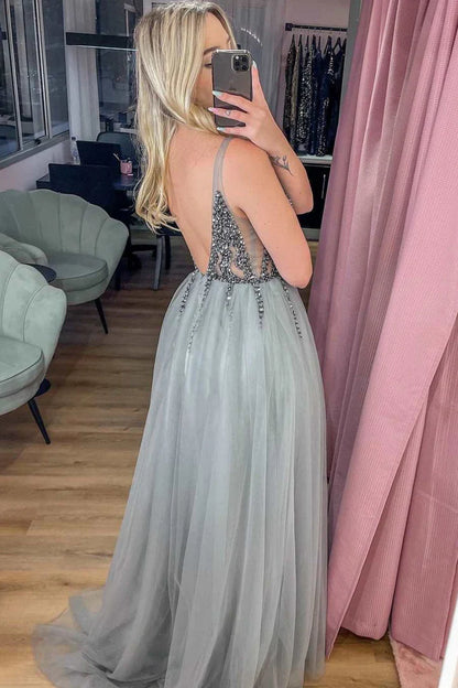 Tulle Beaded Rhinestone Backless Prom Dress