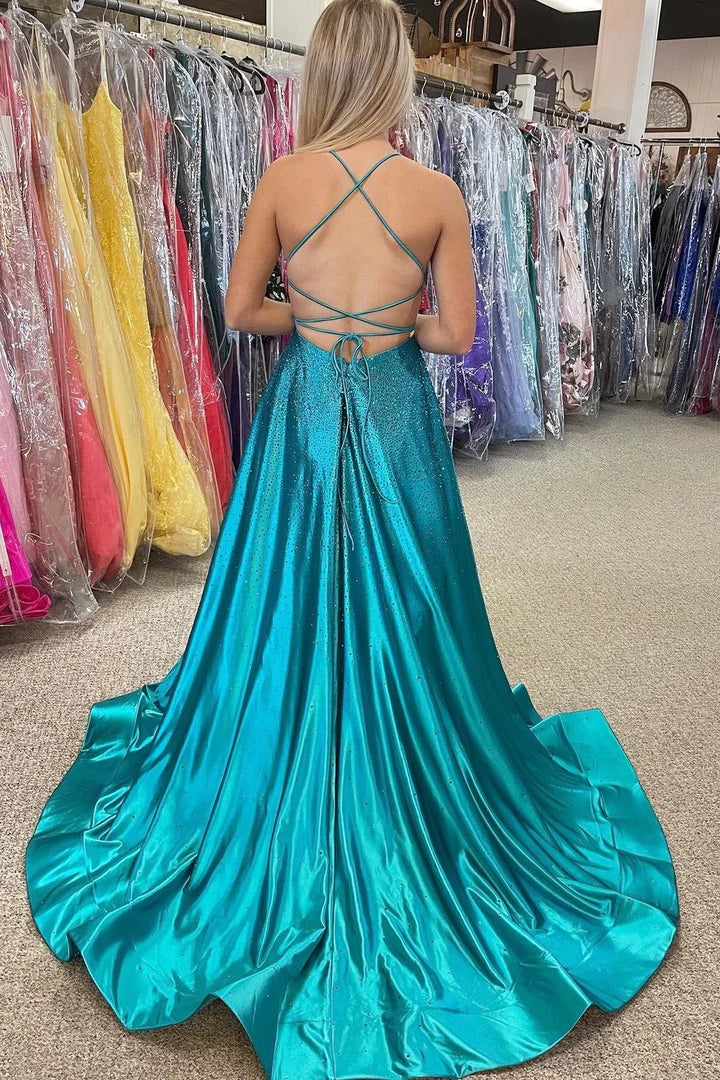 Beaded Halter Backless A-Line Prom Dress