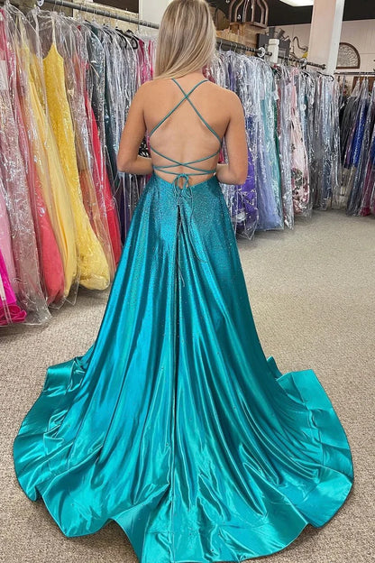 Beaded Halter Backless A-Line Prom Dress