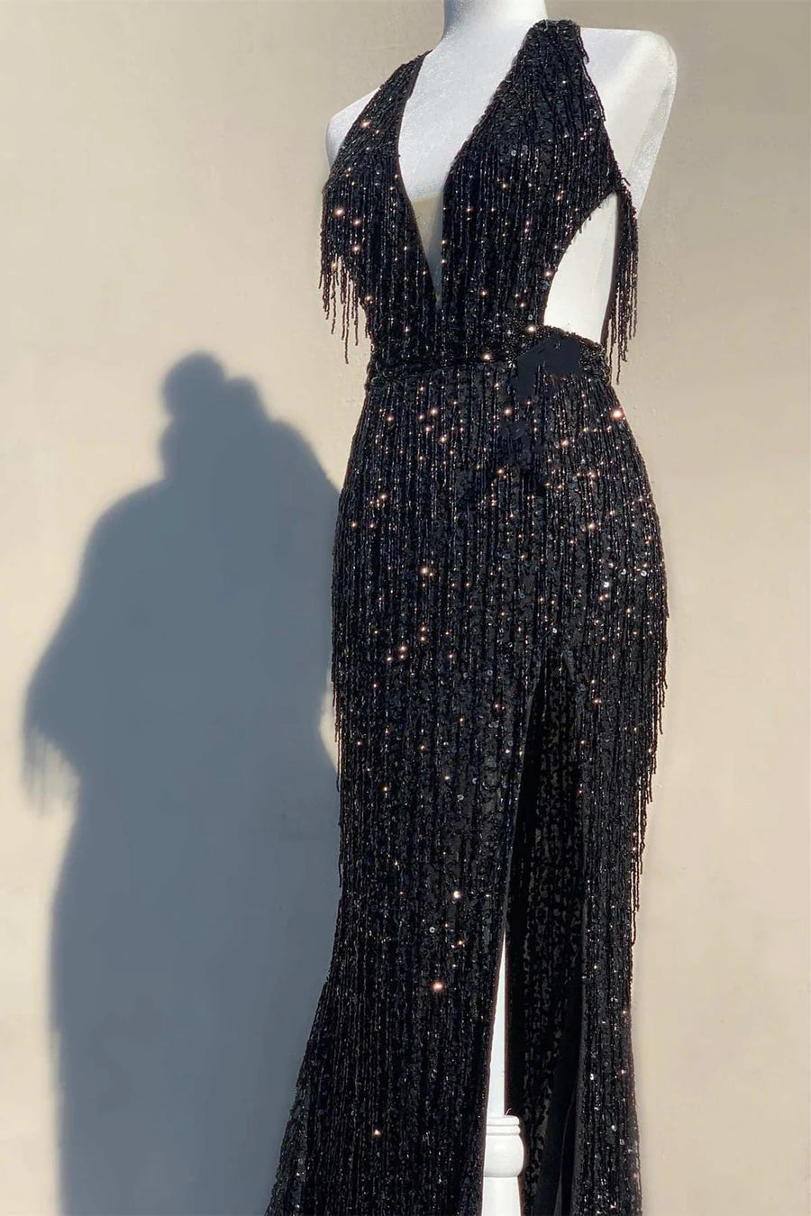 Sequin Fringe Halter Long Prom Dress with Slit