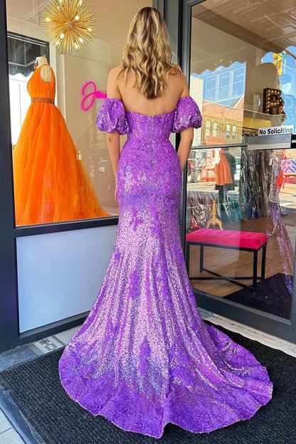 Sequin Strapless Mermaid Long Prom Dress with Puff Sleeves