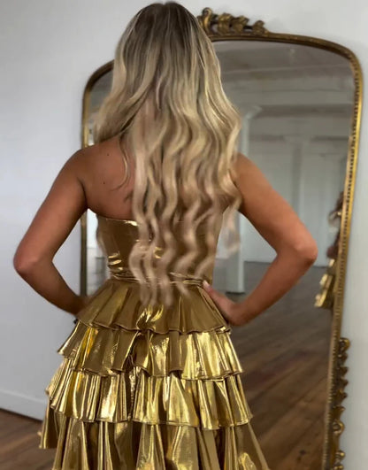 A Line Golden Strapless Homecoming Dress