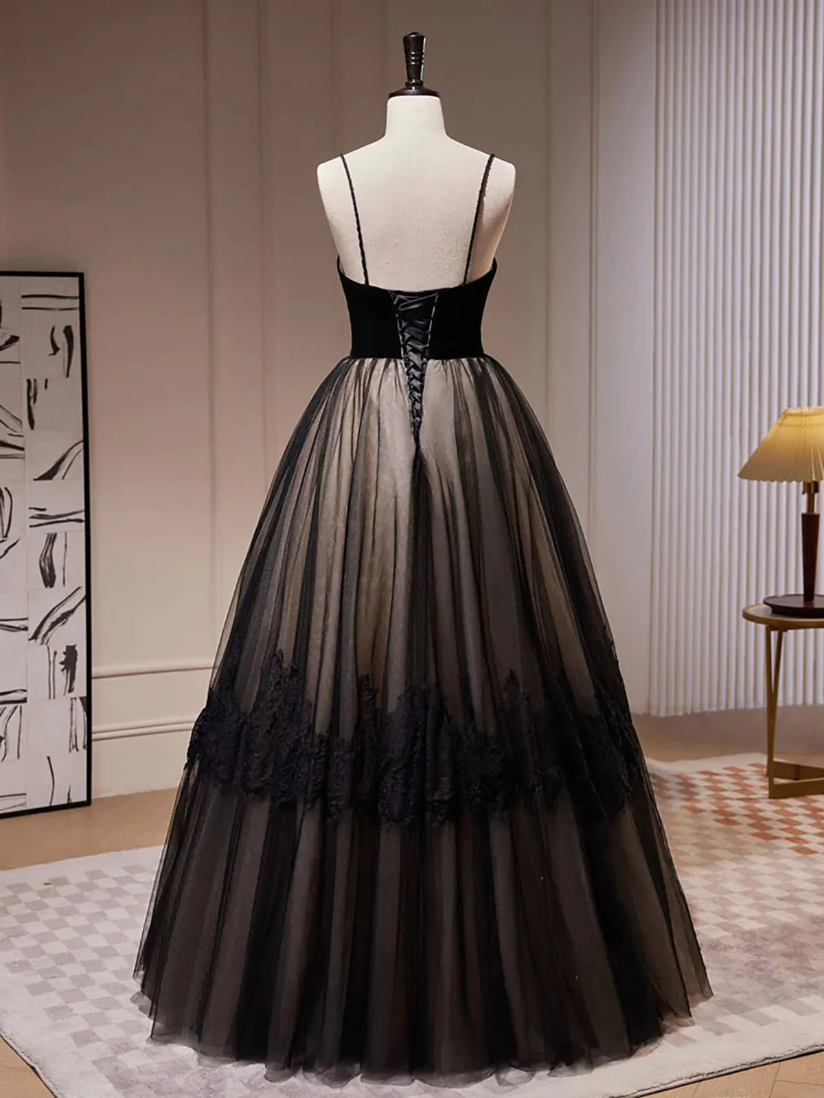 A Line Spaghetti Straps Tulle Long Prom Dress