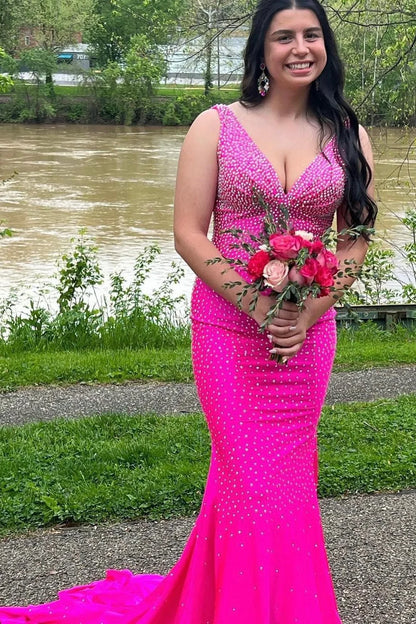 Beaded V-Neck Trumpet Long Prom Gown