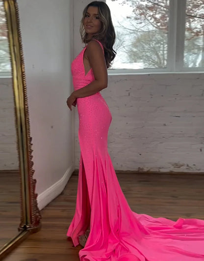 Sparkly Fuchsia Beaded Mermaid Long Prom Dress With Slit