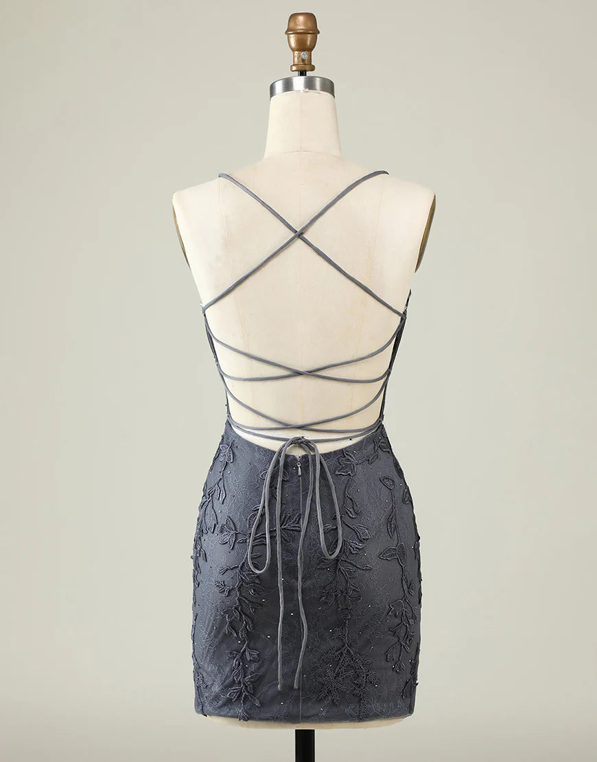 Grey Spaghetti Straps Open Back Homecoming Dress With Appliques