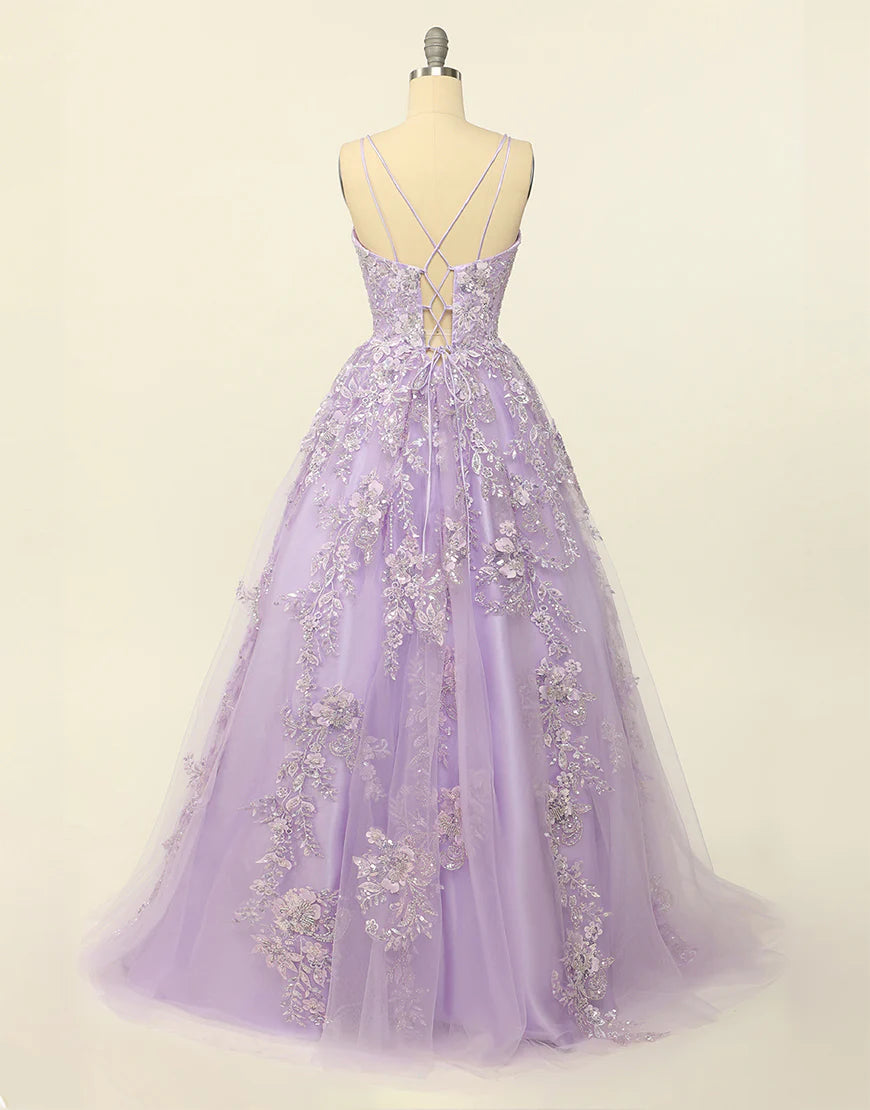 Lilac Princess Long Prom Dress with Embroidery