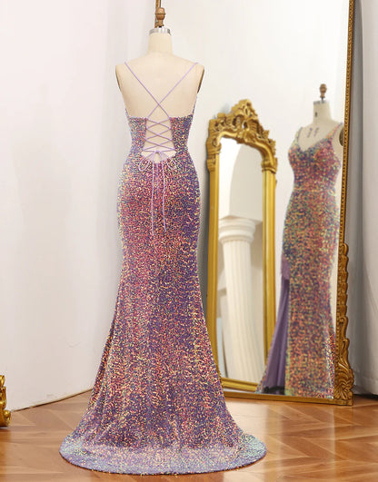 Sparkly Light Purple Lace-Up Back Sequins Long Prom Dress with Fringes