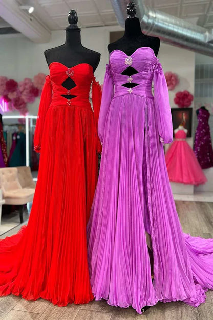 Beaded Strapless Cutout Long Prom Dress with Balloon Sleeves