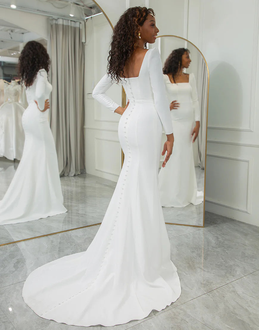 Square Neck Long Sleeve White Wedding Dress