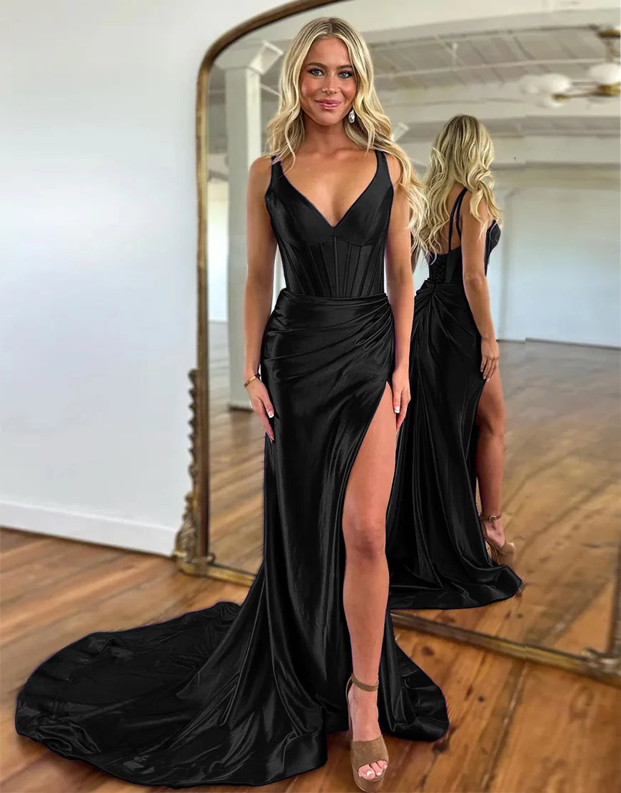 V-Neck Ruched Satin Prom Dress with Slit