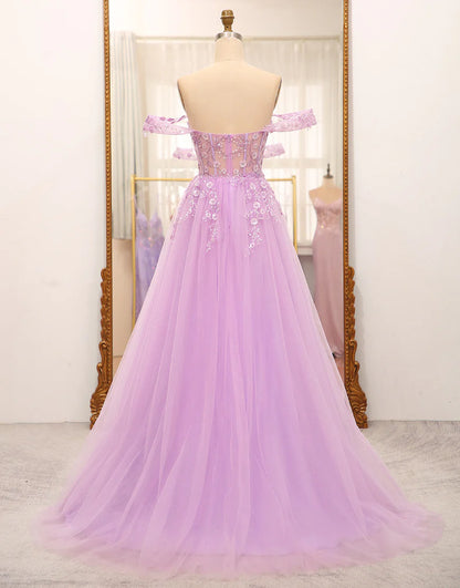Off The Shoulder Light Purple A-Line Beaded Corset Prom Dress