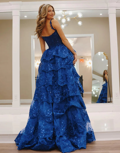 Sparkly Royal Blue A Line Long Tiered Appliqued Prom Dress With Slit
