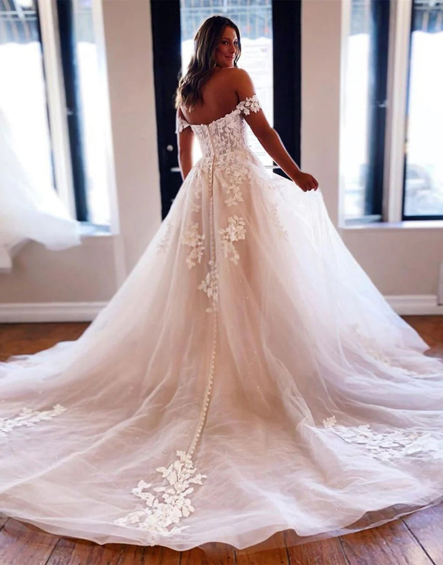 Off the Shoulder A Line Long Bridal Dress With Appliques