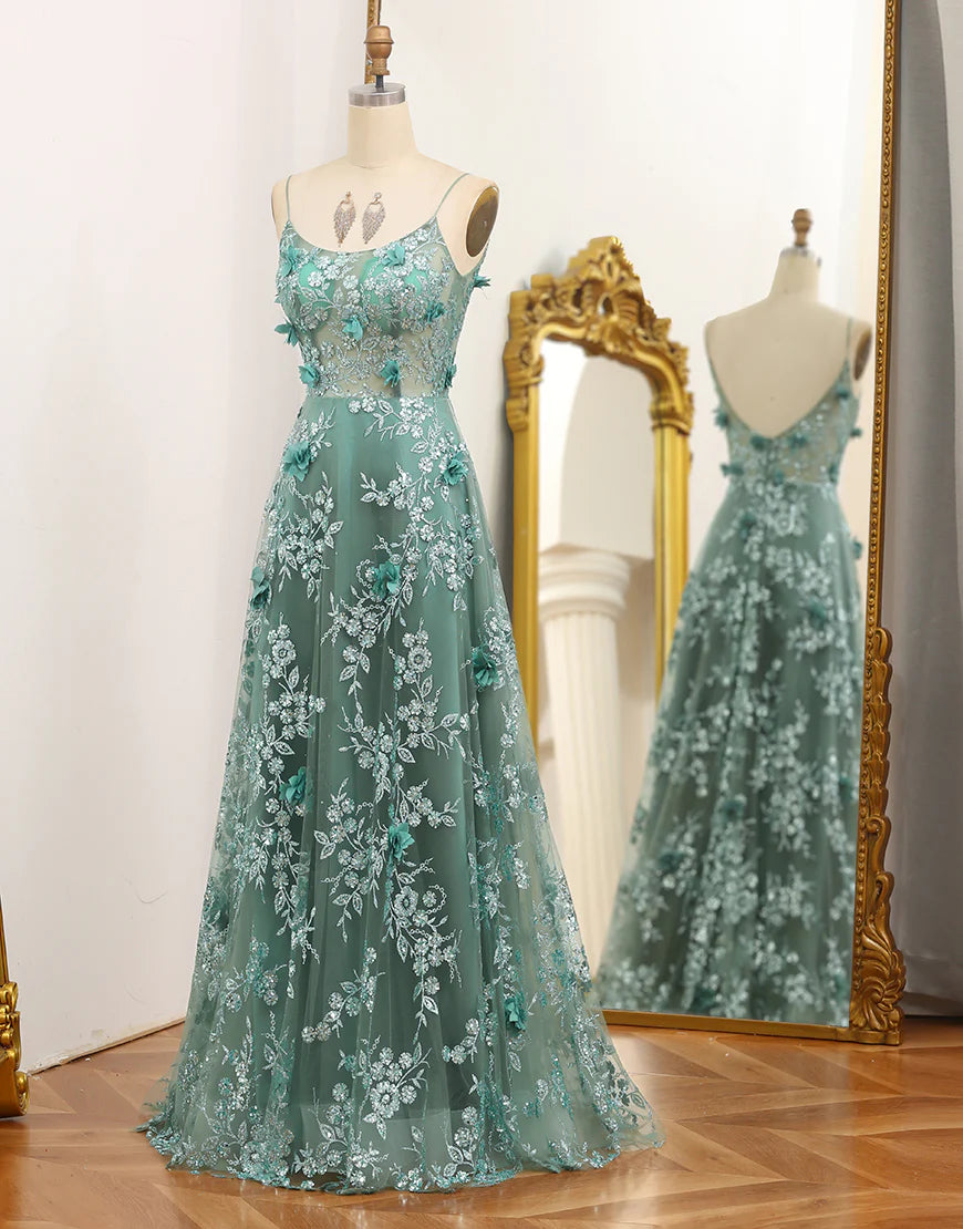 Spaghetti Straps A Line Prom Dress with Appliques