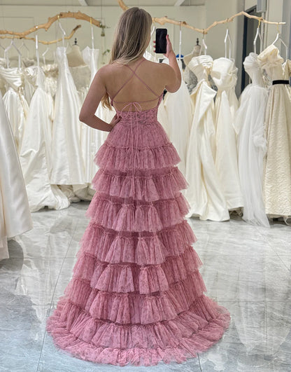 A Line Backless Tiered Long Prom Dress