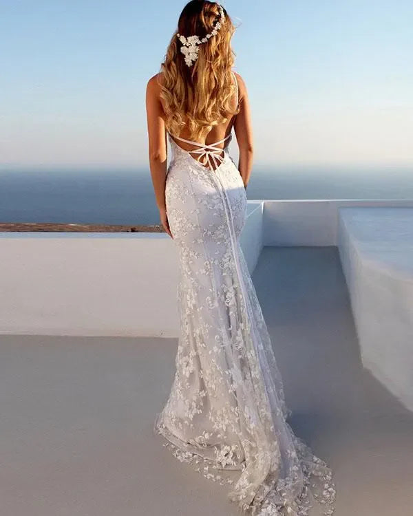 Elegent Lace V-Neck Sleeveless Long Wedding Dress