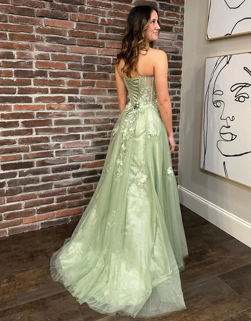A-Line Off The Shoulder Floral Long Prom Dress With Slit