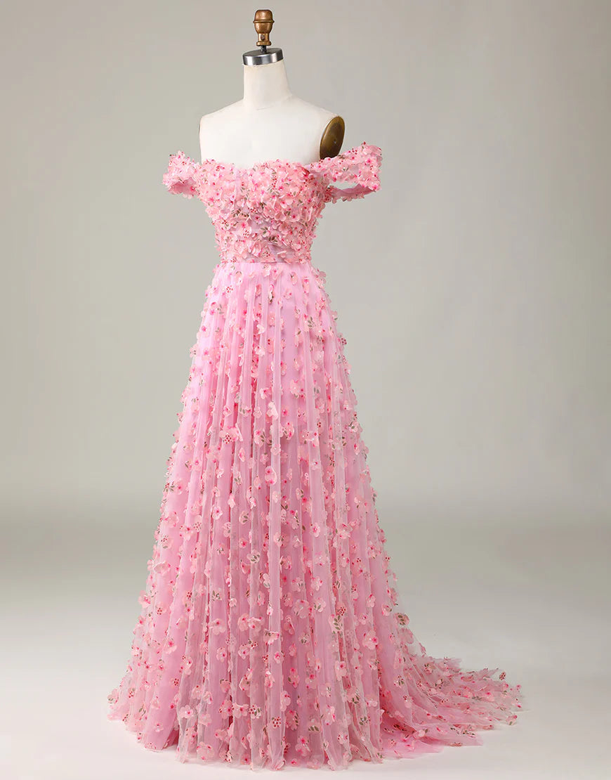 A-line Off The Shoulder Pink Long Bridesmaid Dress with 3D Flowers