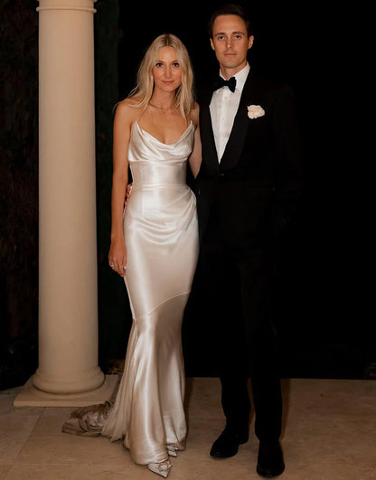 Sheath Cowl Neck Vintage White Satin Wedding Dress