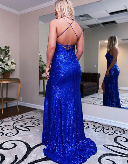 Sequin Long Sheath Prom Dress with Side Slit