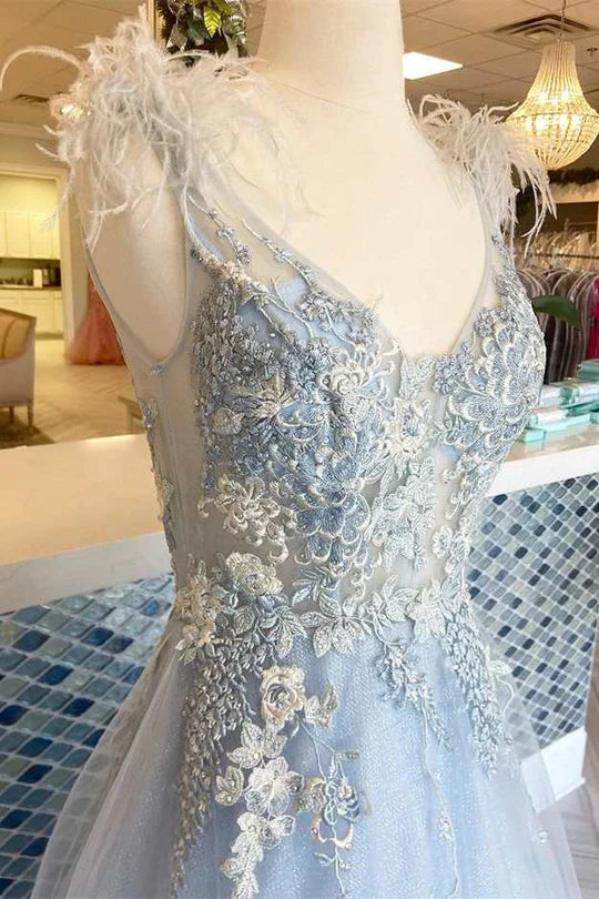 Floral Lace Feather V-Neck A-Line Long Prom Dress