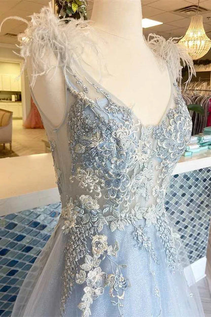 Floral Lace Feather V-Neck A-Line Long Prom Dress