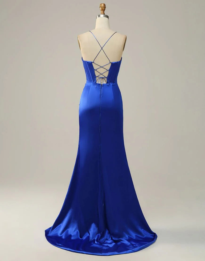 Spaghetti Straps Satin Mermaid Prom Dress with Slit