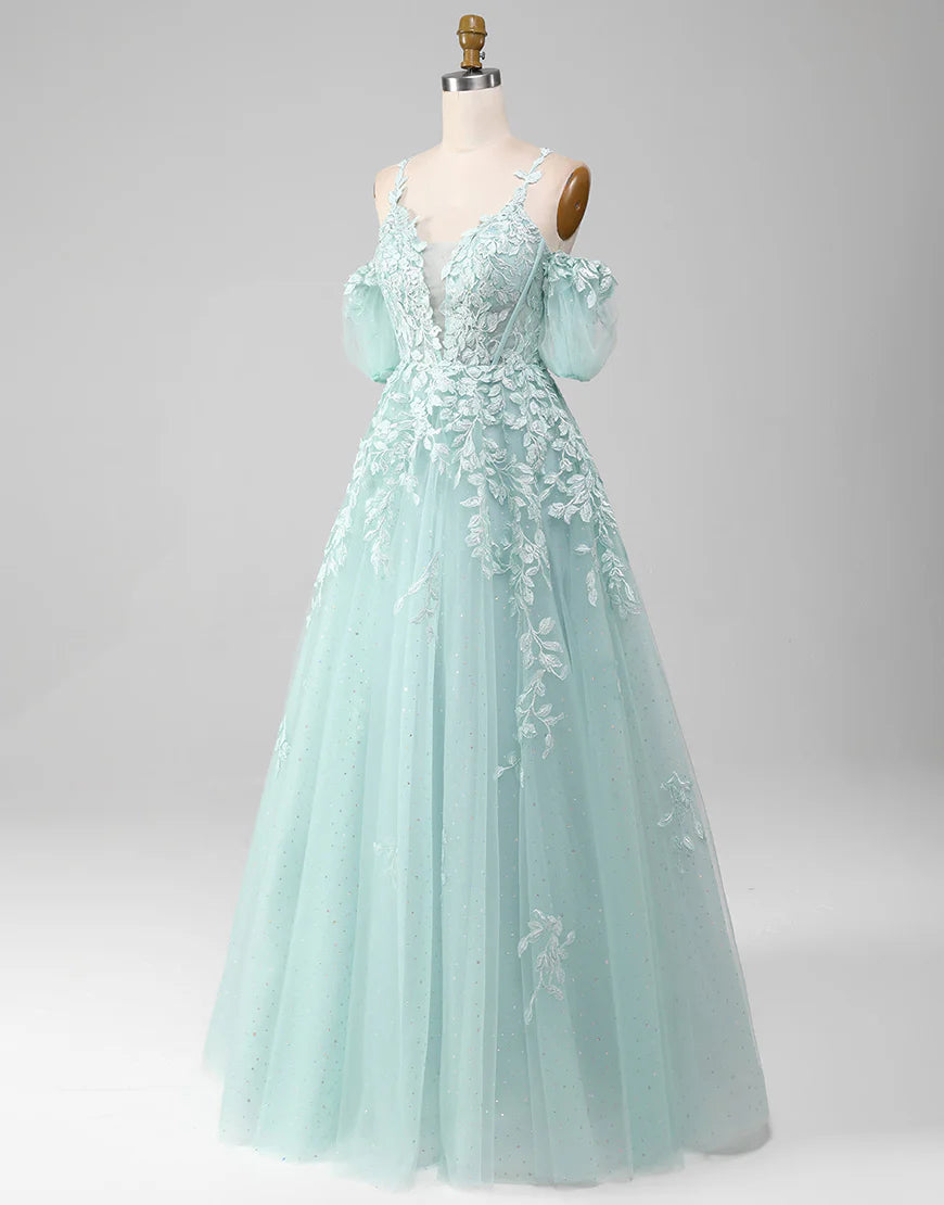 Mint A Line Tulle Prom Dress With Appliques