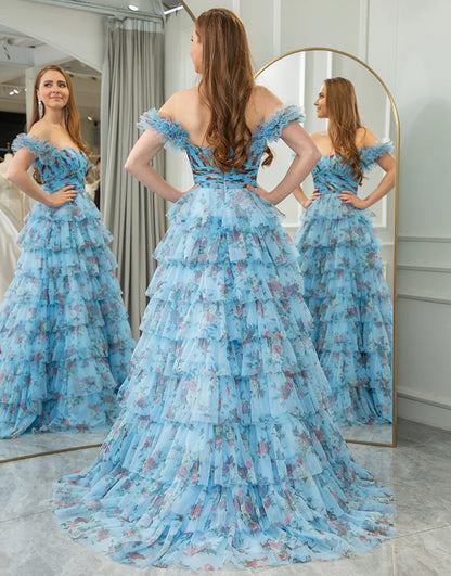 A Line Strapless Tiered Long Prom Dress With Feathers