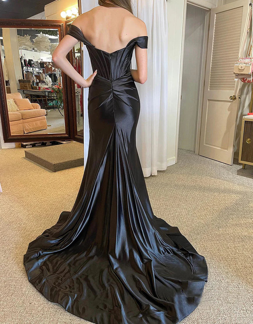 Off the Shoulder Satin Side Slit Prom Dress