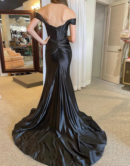 Off the Shoulder Satin Side Slit Prom Dress