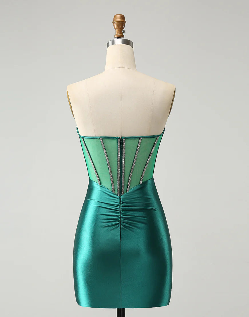 Glitter Dark Green Strapless Corset Tight Homecoming Dress with Beading