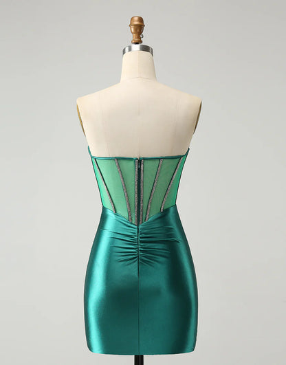 Glitter Dark Green Strapless Corset Tight Homecoming Dress with Beading
