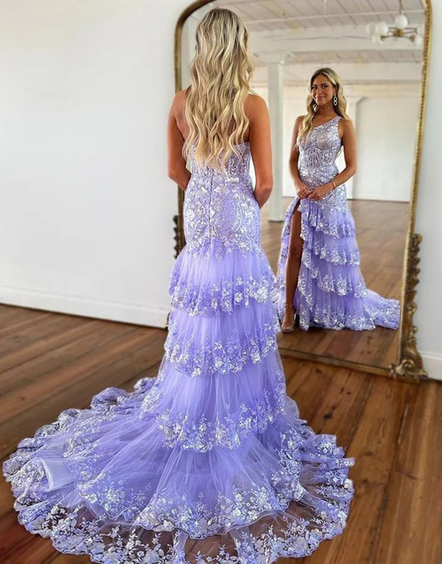 One Shoulder A-Line Tiered Long Prom Dress With Slit