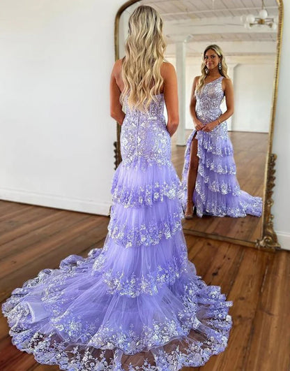 One Shoulder A-Line Tiered Long Prom Dress With Slit