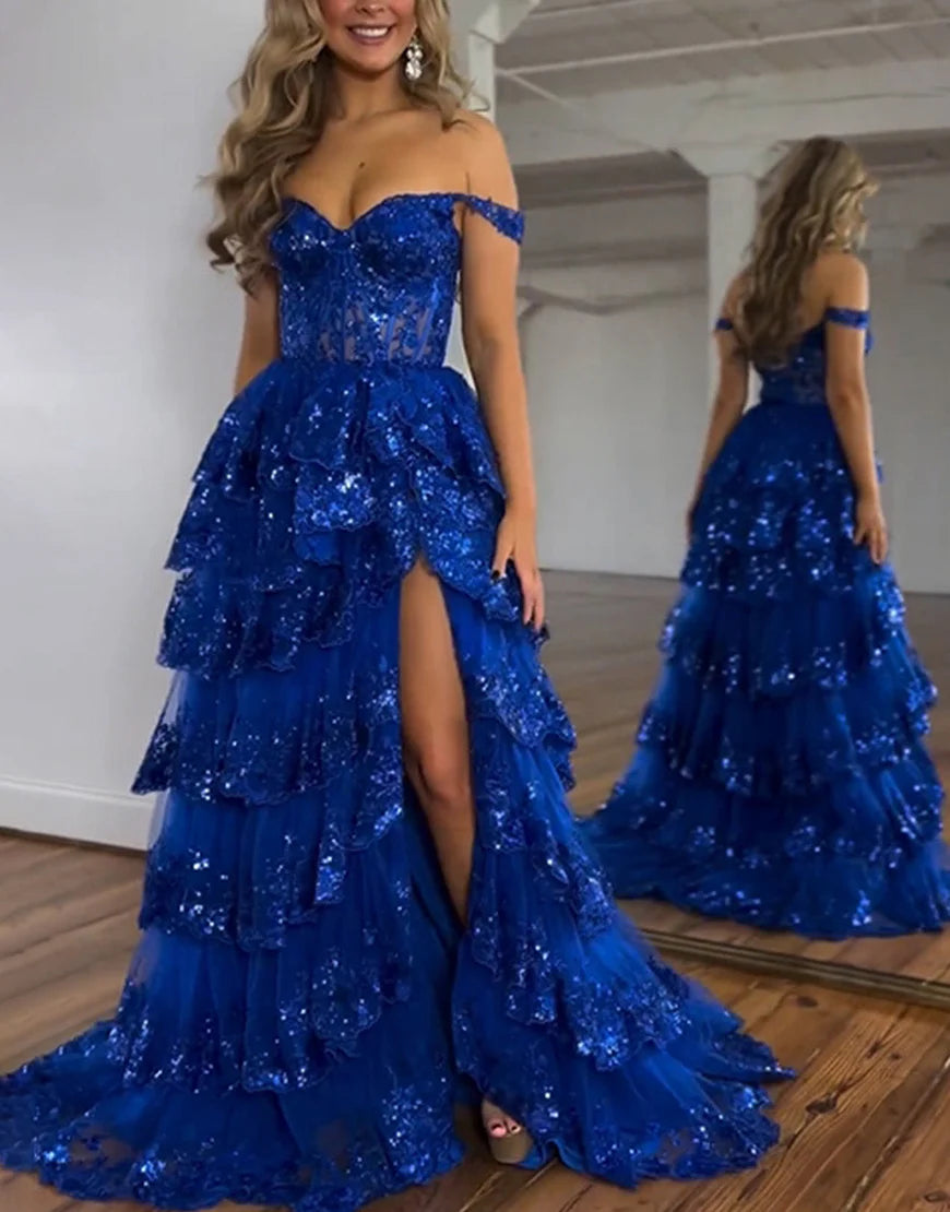 A-Line V Neck Tiered Long Prom Dress With Slit