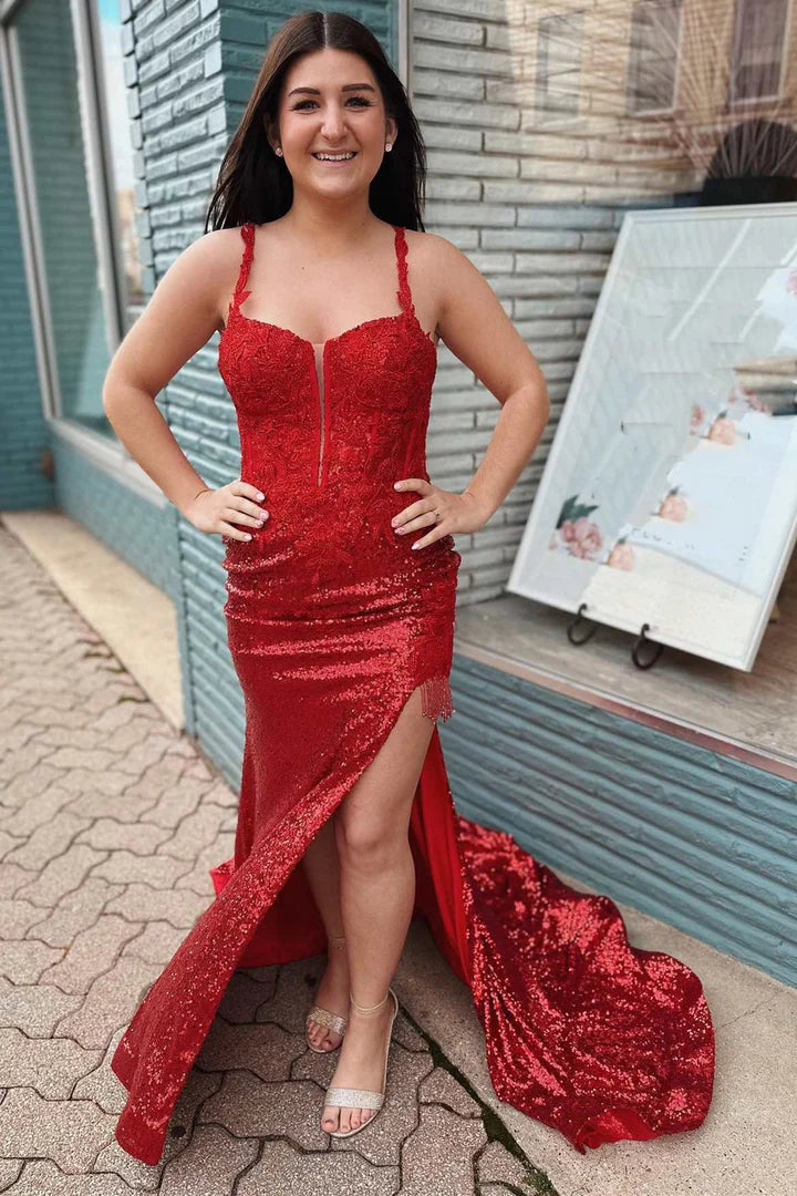 Sequin Appliques Sweetheart Mermaid Long Prom Dress with Slit