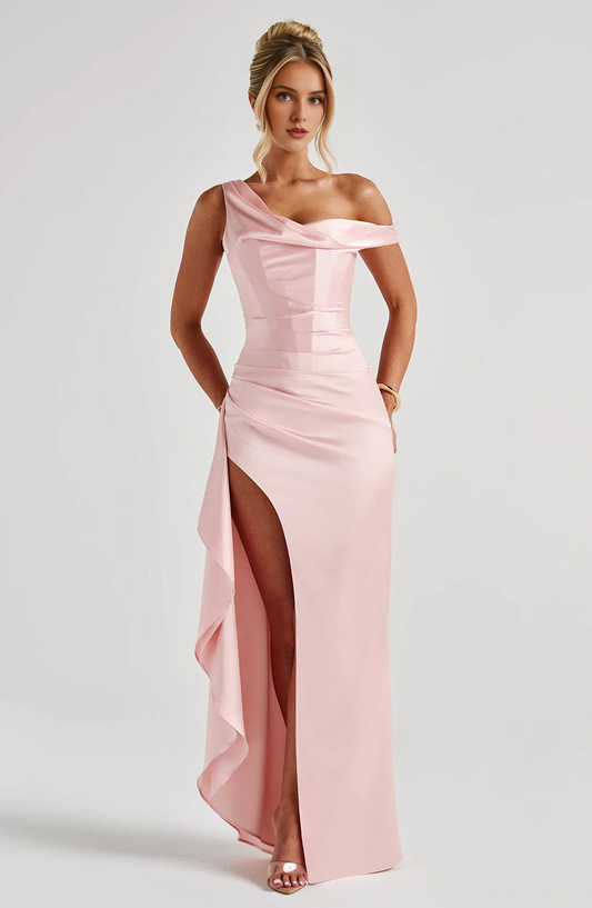 Asymmetric straps Ruched Thigh High Slit Charming Dresses Bridesmaid Dresses Wedding Guests Dresses
