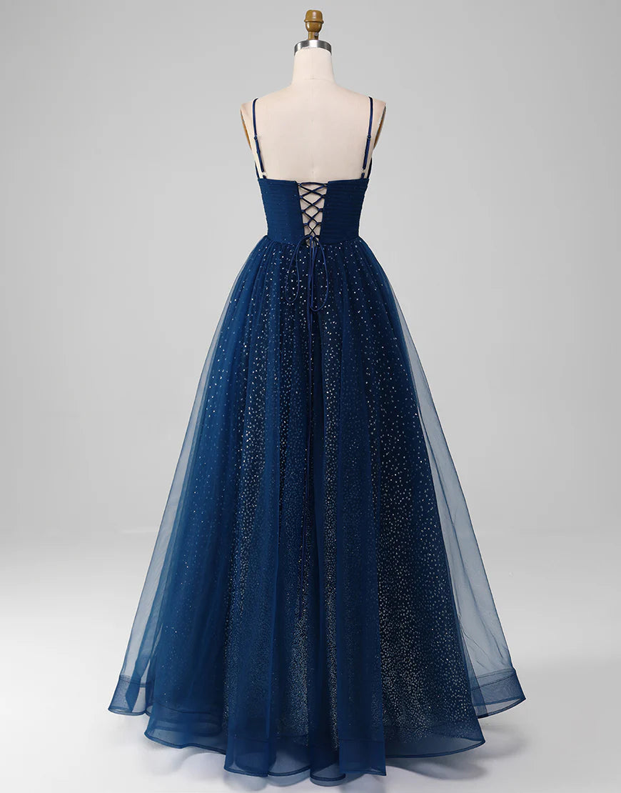 Sparkly Navy A Line Long Prom Dress With Slit