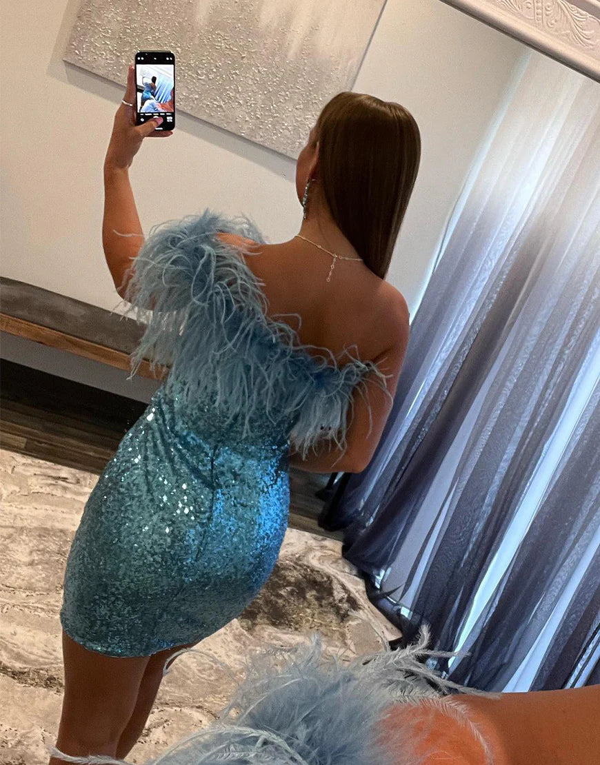 Sequin Homecoming Dress with Feather