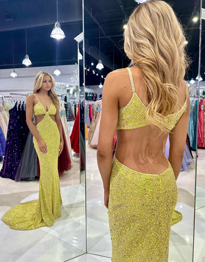 Sequined Deep V Neck Cut Out Long Prom Dress