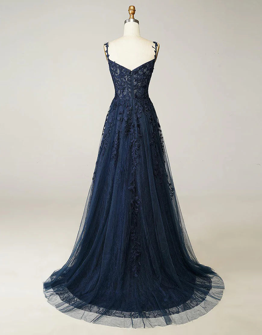 A-line Navy Tulle Prom Dress with Appliques